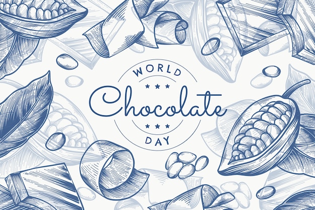 Hand drawn world chocolate day background with chocolate and cocoa bean