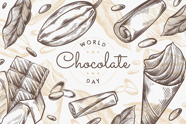 Vettore gratuito fondo della giornata mondiale del cioccolato disegnato a mano con cioccolato e fava di cacao