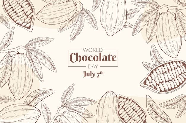 チョコレートとカカオ豆と手描きの世界チョコレートの日の背景