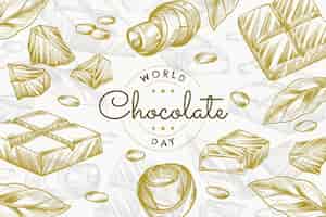 Vettore gratuito fondo della giornata mondiale del cioccolato disegnato a mano con foglie di cioccolato e cacao