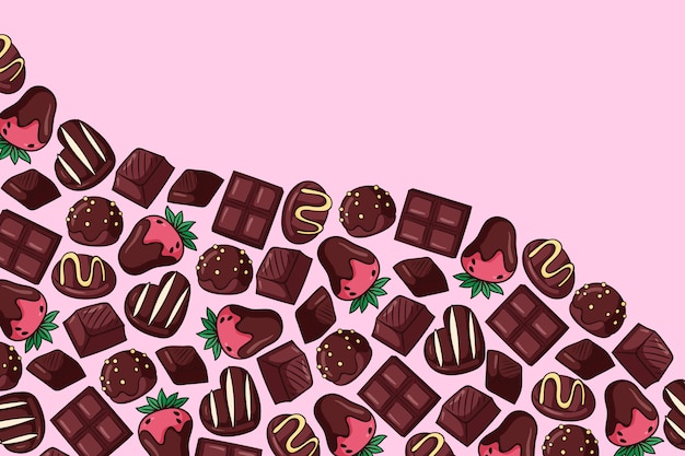 Vettore gratuito fondo della giornata mondiale del cioccolato disegnato a mano con dolci al cioccolato