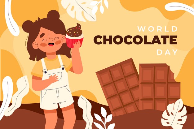 Hand drawn world chocolate day background with girl holding chocolate ice cream 