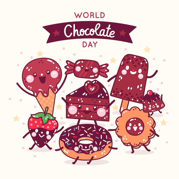 Vettore gratuito illustrazione della giornata mondiale del cioccolato disegnata a mano con dolci al cioccolato