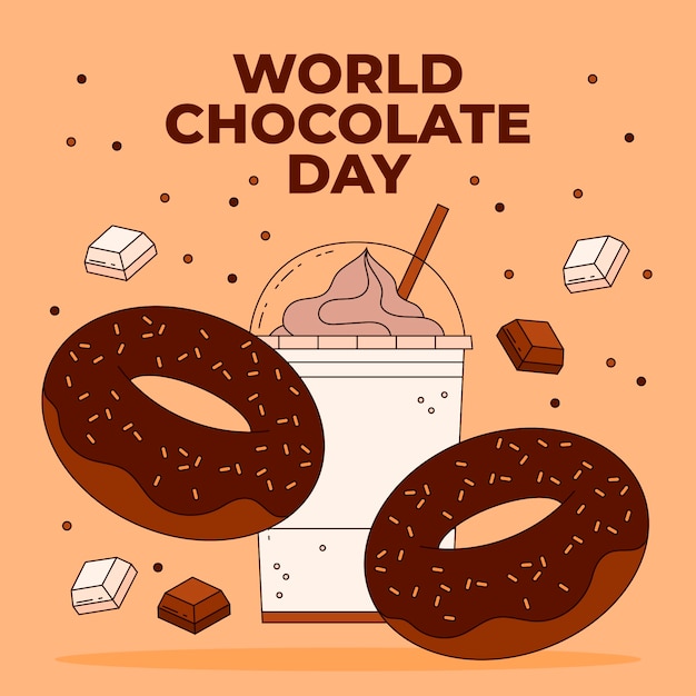 Vettore gratuito illustrazione della giornata mondiale del cioccolato disegnata a mano con dolci al cioccolato