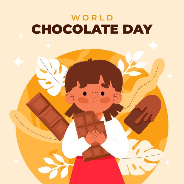 Иллюстрация Всемирного дня шоколада, нарисованная вручную, с девушкой, держащей шоколад
