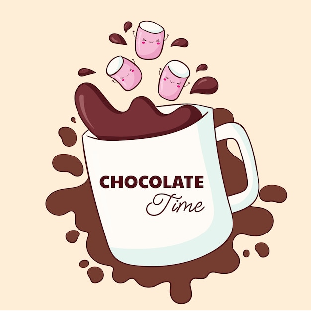 뜨거운 코코아와 마시멜로가 있는 손으로 그린 세계 초콜릿의 날 삽화