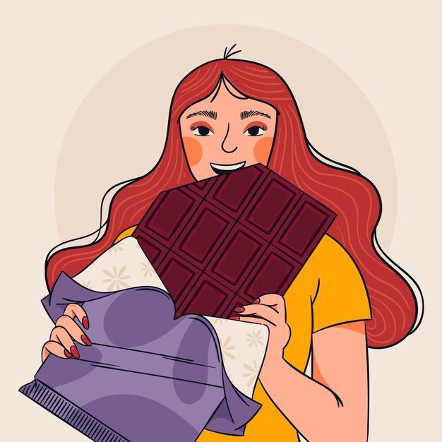 Hand drawn world chocolate day illustration with woman eating chocolate