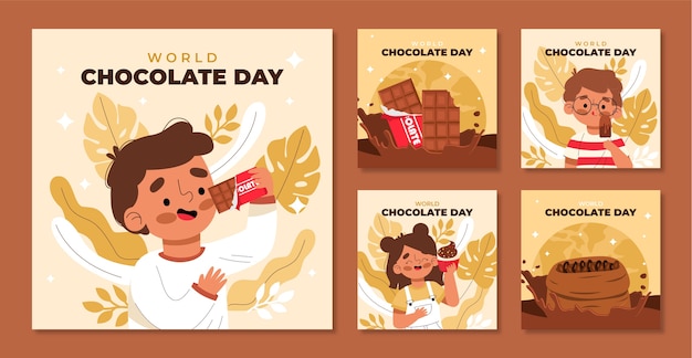 Collezione di post instagram della giornata mondiale del cioccolato disegnata a mano