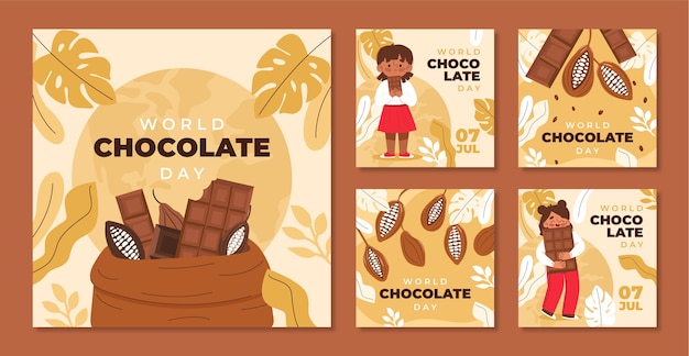 Нарисованная рукой коллекция постов instagram всемирного дня шоколада