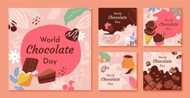 Нарисованная рукой коллекция постов instagram всемирного дня шоколада