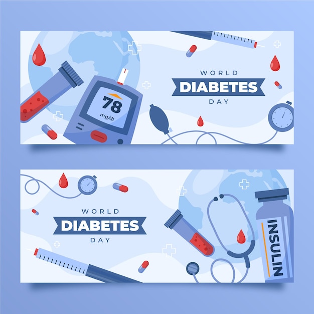 Бесплатное векторное изображение Набор рисованной всемирный день диабета горизонтальные баннеры