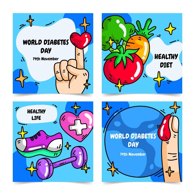 Hand drawn world diabetes day instagram posts collection