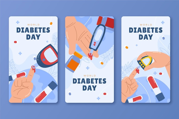 Raccolta di storie di instagram della giornata mondiale del diabete disegnata a mano