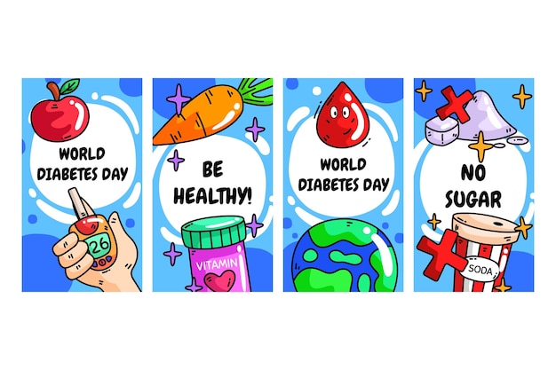 Vettore gratuito raccolta di storie di instagram della giornata mondiale del diabete disegnata a mano