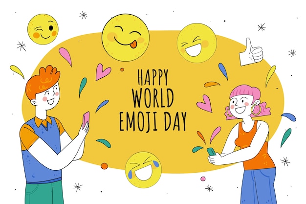 Vettore gratuito fondo della giornata mondiale degli emoji disegnato a mano con persone che sparano coriandoli