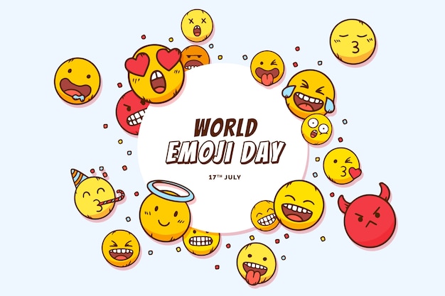 Fondo blu di giorno di emoji del mondo disegnato a mano