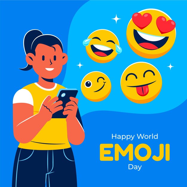 Hand drawn world emoji day girl with phone illustration