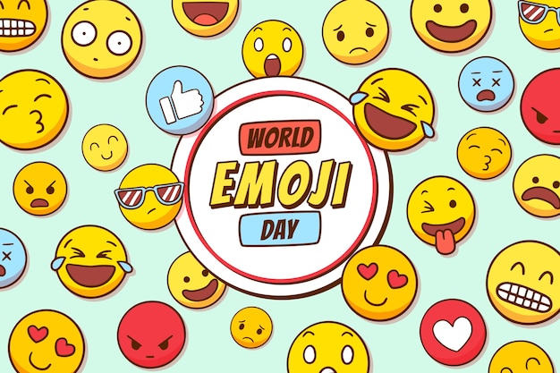 Hand drawn world emoji day green background