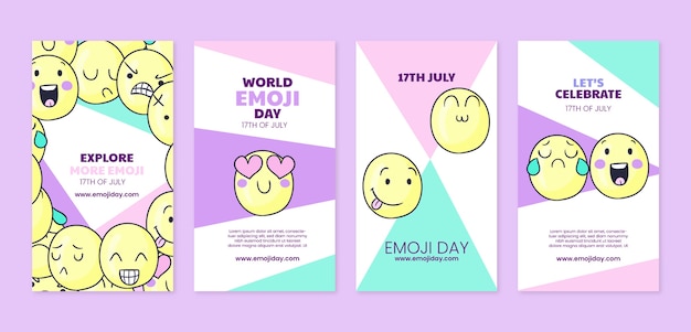 Collezione di storie di instagram del mondo emoji disegnate a mano con emoticon