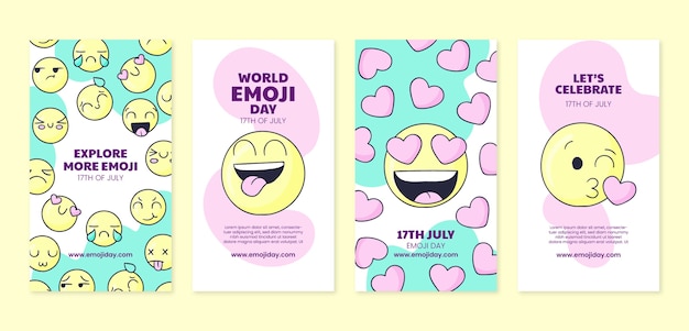 Hand drawn world emoji day instagram stories collection with emoticons