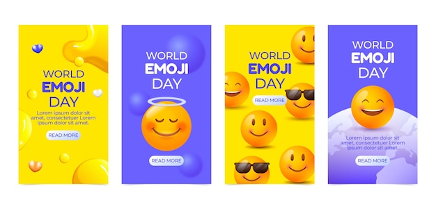 Vettore gratuito collezione di storie di instagram della giornata mondiale delle emoji disegnate a mano