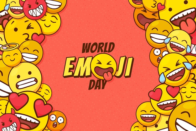 Fondo rosso del giorno degli emoji del mondo disegnato a mano