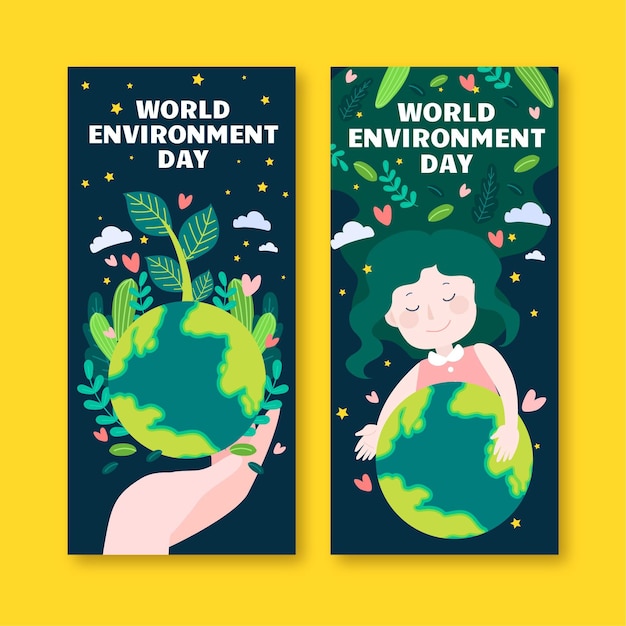 Vettore gratuito set di banner di giornata mondiale dell'ambiente disegnati a mano