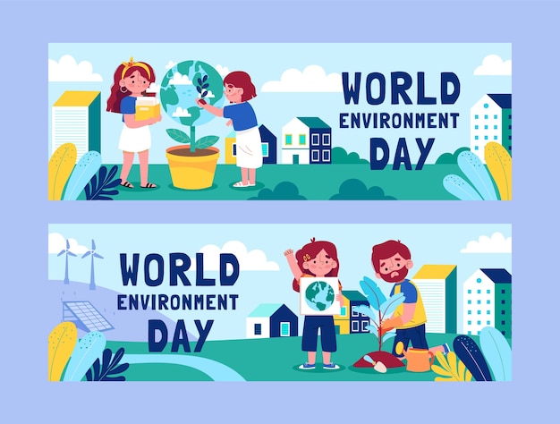 Hand drawn world environment day horizontal banners set