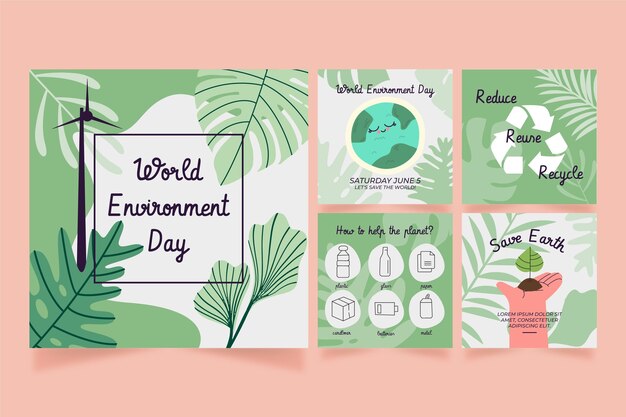 Hand drawn world environment day instagram posts collection