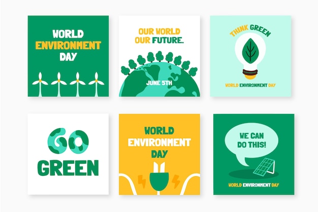 Vettore gratuito raccolta di post di instagram di giornata mondiale dell'ambiente disegnata a mano