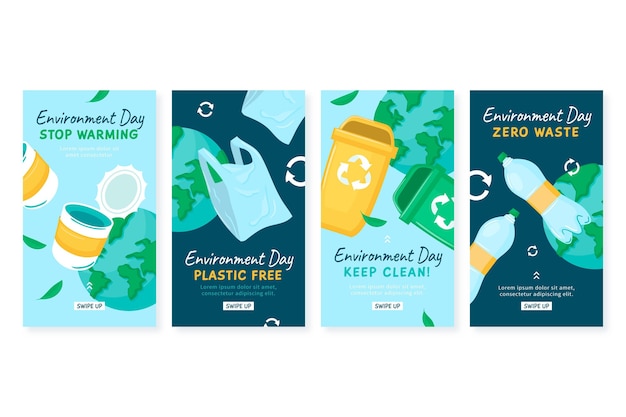 Raccolta di storie di instagram di giornata mondiale dell'ambiente disegnata a mano