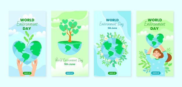 Vettore gratuito raccolta di storie di instagram di giornata mondiale dell'ambiente disegnata a mano