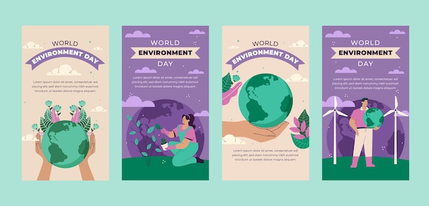 Vettore gratuito raccolta di storie di instagram di giornata mondiale dell'ambiente disegnata a mano