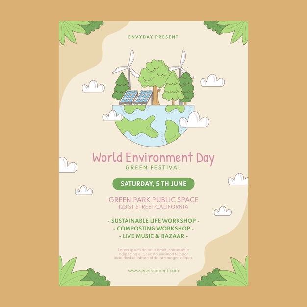 Vettore gratuito modello di poster per la giornata mondiale dell'ambiente disegnato a mano