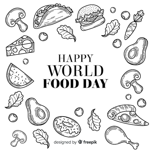 Ручной обращается Всемирный день еды в черно-белом