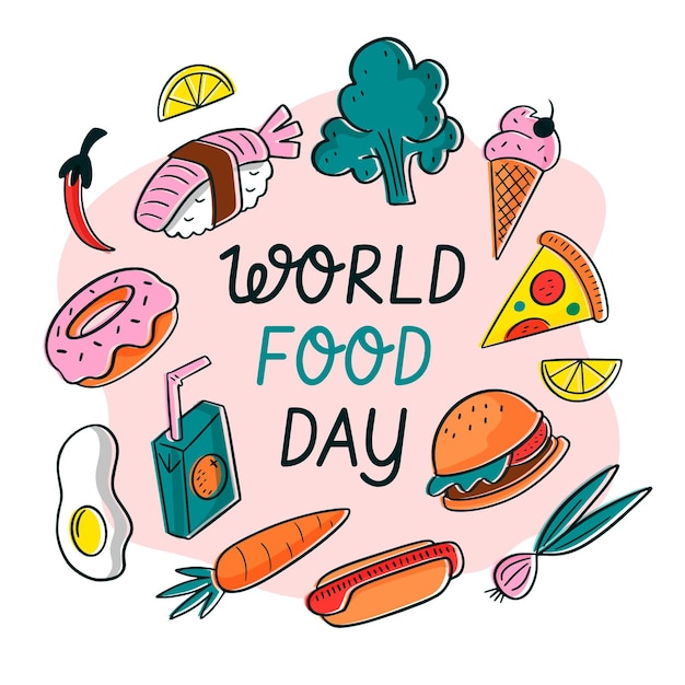 Vettore gratuito progettazione di eventi della giornata mondiale dell'alimentazione disegnata a mano