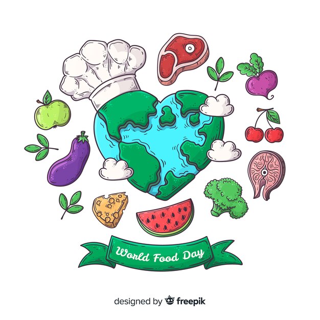 Hand drawn world food day with earth as chef