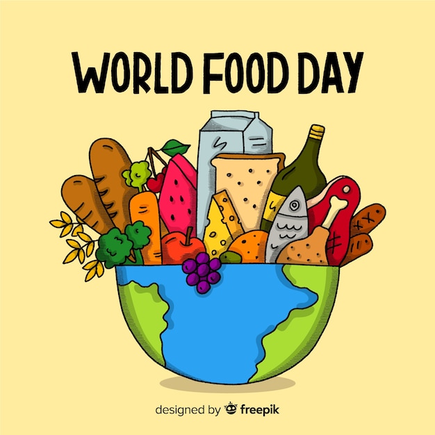 Vettore gratuito giornata mondiale dell'alimentazione disegnata a mano con ciotola del pianeta