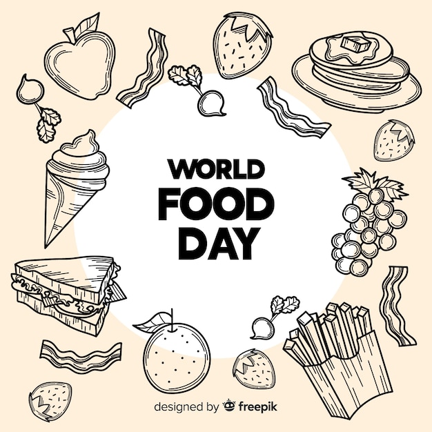 Hand drawn world food day with sweets and fast food
