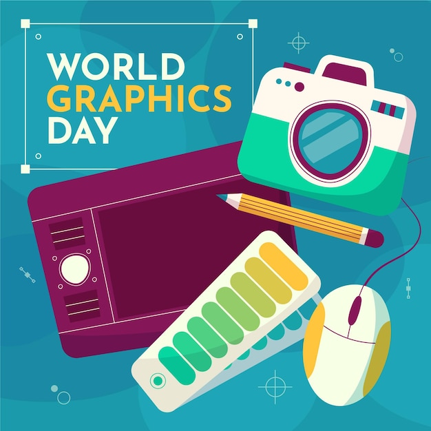 Hand-drawn world graphics day illustration with camera and graphic tablet