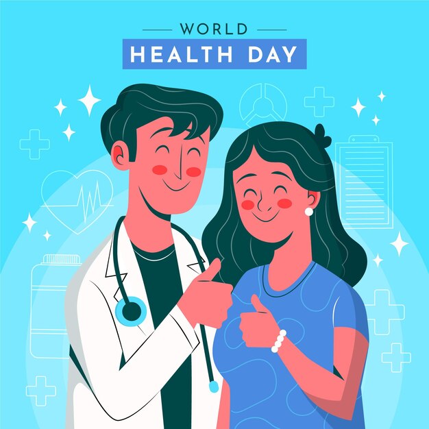 Hand drawn world health day illustration with doctor and patient giving thumbs up