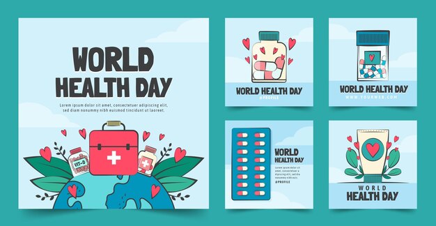 Нарисованная рукой коллекция постов instagram всемирного дня здоровья
