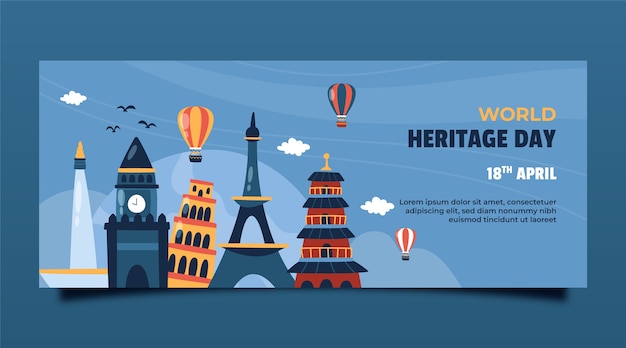 Vettore gratuito banner orizzontale della giornata del patrimonio mondiale disegnato a mano