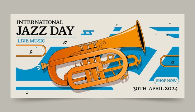 Ручно нарисованный шаблон горизонтального баннера Всемирного дня джаза