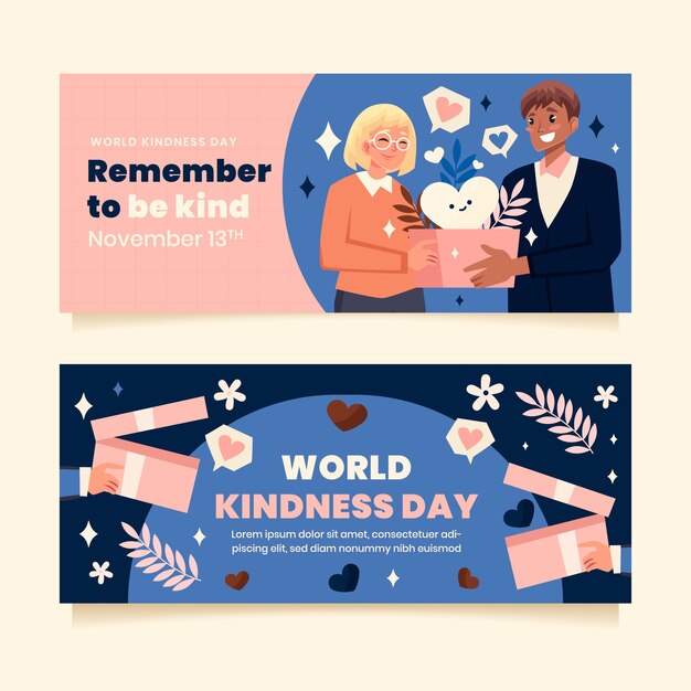 Hand drawn world kindness day horizontal banners set