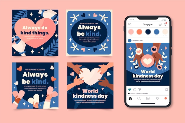 Hand drawn world kindness day instagram posts collection