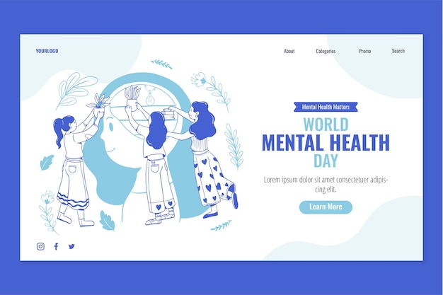 Hand drawn world mental health day landing page template