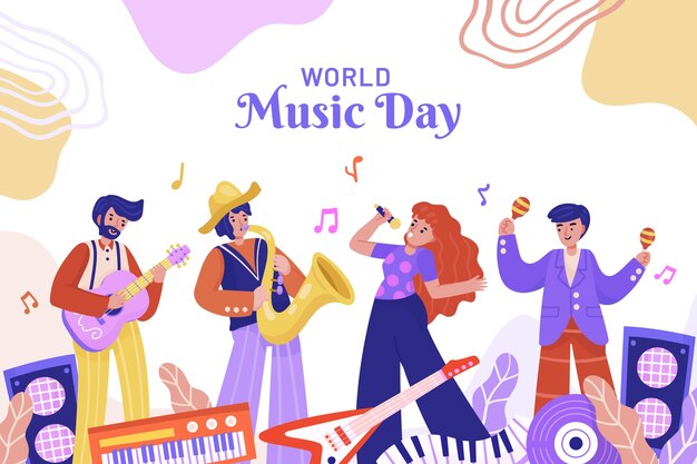 Hand drawn world music day background with artists