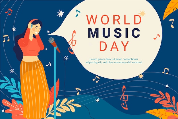 Hand drawn world music day background with woman singing