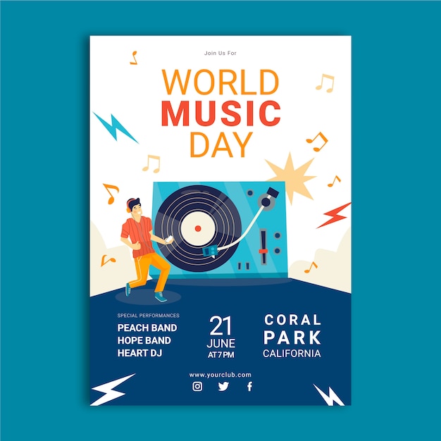 Hand drawn world music day flyer with artist